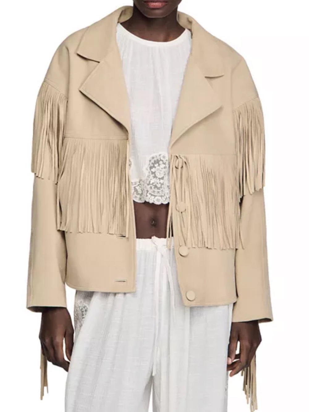 Sandro Beige Fringed Suede Jacket - Picture 4 of 9
